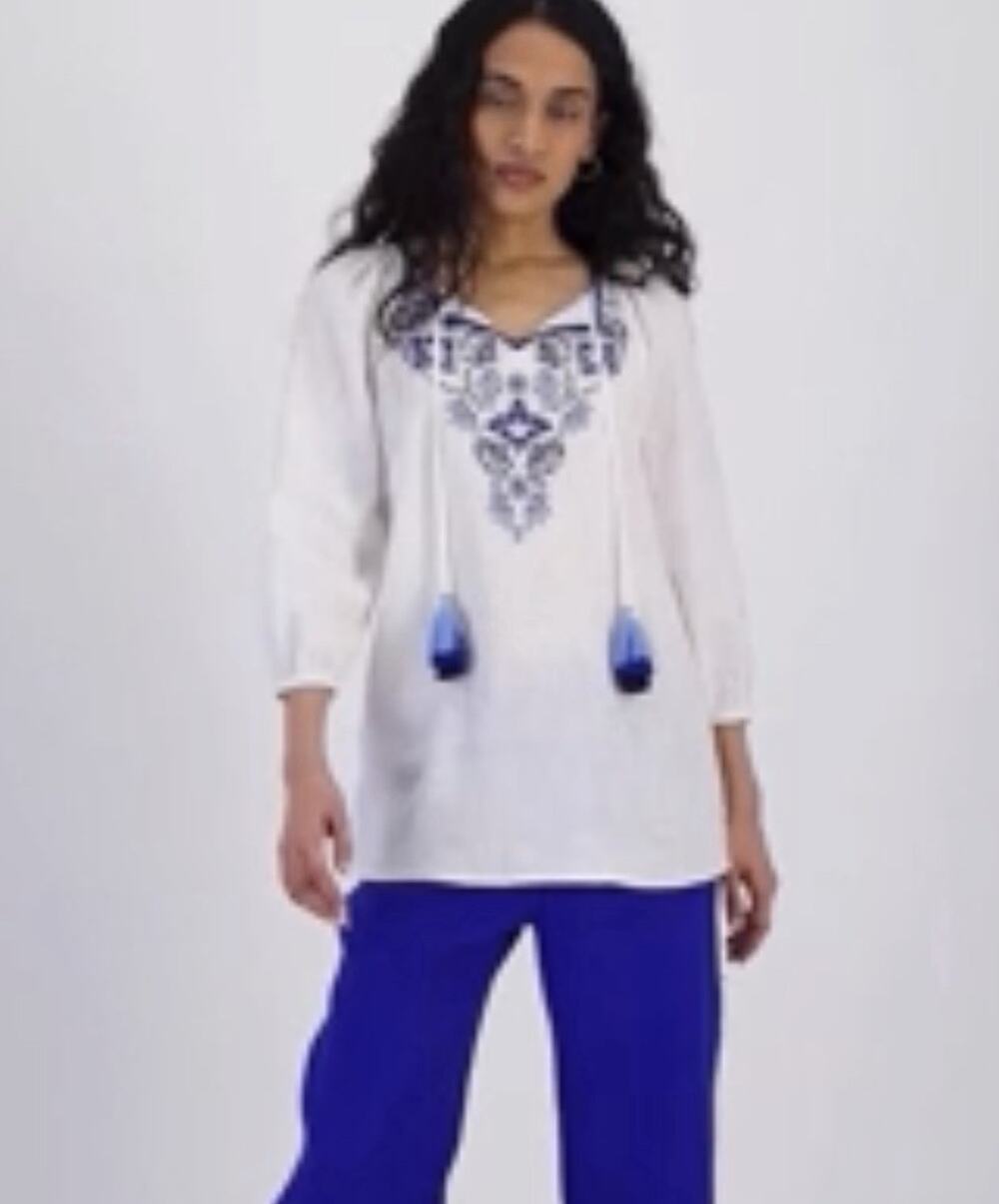 CHARTER CLUB Linen Embroidered Blouse Top Women's large bohemian cottagecore